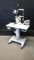 ALCON SL 1000 SLIT LAMP WITH LASER ACCESSORY (REF 542-1737-052, 532NM) ON SCHUMO AG ROLLING STAND