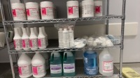 LOT OF ASSORTED DISINFECTANTS AND DETERGENTS ON 3 SHELVES