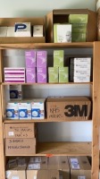 LOT OF ASSORTED FACE MASKS ON 4 SHELVES TO INCLUDE: N95, AND ANTI FOG MASKS