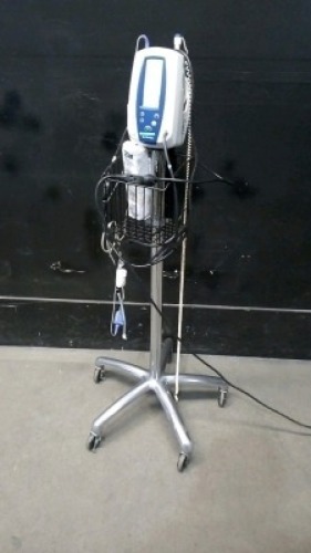 WELCH ALLYN SPOT VITAL SIGNS MONITOR WITH CABLES (SPO2, BP) ON ROLLING STAND