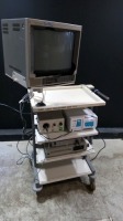 KARL STORZ TRICAM SL NTSC 20222120 CAMERA CONTROL UNIT WITH OLYMPUS XLS LIGHT SOURCE, BOVIE SMOKE SHARK EVACUATOR & MONITOR ON CART