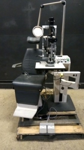 MARCO 1220 OPHTHALMIC CHAIR WITH HAAG-STREIT BERN 900 SLIT LAMP