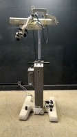 STORZ US-1 SURGICAL MICROSCOPE TO INCLUDE SINGLE MOUNT BINOCULAR WITH EYEPIECES BOTH (10X) BOTTOM LENSE (400MM) ON STAND