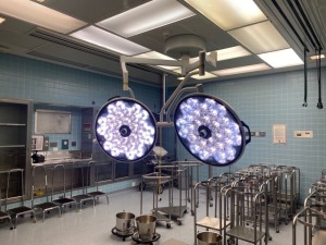 STRYKER VISUM II DUAL HEAD, CENTER MOUNT LED SURGICAL LIGHTS WITH CONTROL (THIS LOT REQUIRES PROFESSIONAL DE-INSTALLATION AND CERTIFICATE OF INSURANCE)