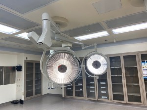 ALM PRISMATIC DUAL HEAD, CENTER MOUNT SURGICAL LIGHTS WITH CONTROL (THIS LOT REQUIRES PROFESSIONAL DE-INSTALLATION AND CERTIFICATE OF INSURANCE)