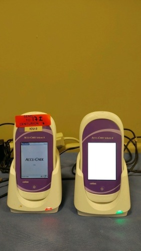 COBAS ACCU-CHECK INFORM II LOT OF (2) GLUCOSE METER WITH CHARGING BASE, (1) POWER SUPPLY