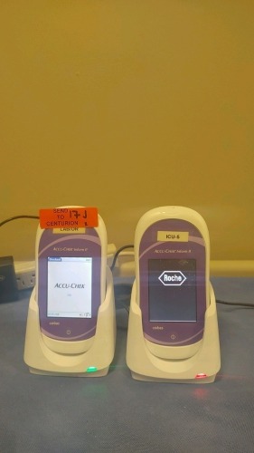 COBAS ACCU-CHECK INFORM II LOT OF (2) GLUCOSE METER WITH CHARGING BASE-NO POWER SUPPLY