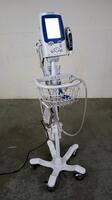 WELCH ALLYN SPOT LXI VITAL SIGNS MONITOR WITH CABLES (SPO2, BP) AND PROSCAN 4000 THERMOMETER ON ROLLING STAND