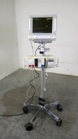 AGILENT M1204A PATIENT MONITOR WITH MODULE RACK AND MODULES (ECG/RESP, SPO2/PLETH, NBP, REC) ON ROLLING STAND