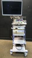 OLYMPUS ENDOSCOPY SYSTEM TO INCLUDE EVIS EXERA CV-180 VIDEO PROCESSOR, CLV-180 LIGHT SOURCE, UHI-3 INSUFFLATOR & OEV1261H MONITOR ON CART