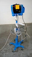 GE DINAMAP V100 CARESCAPE VITAL SIGNS MONITOR ON ROLLING STAND WITH SP02 CABLE AND BP CABLE