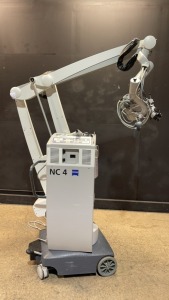 CARL ZEISS OPMI NEURO NEUROSURGICAL MICROSCOPE TO INCLUDE DUAL MOUNT BINOCULARS WITH EYEPIECES BOTH (10X) BOTTOM LENSE ON NC 4 STAND