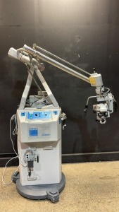CARL ZEISS OPMI CS NEUROSURGICAL MICROSCOPE TO INCLUDE DUAL MOUNT BINOCULARS WITH EYEPIECES BOTH (10X, 10X/22B) BOTTOM LENSE, SUPERLUX 300 LIGHT SOURCE & FOOTSWITCH ON STAND