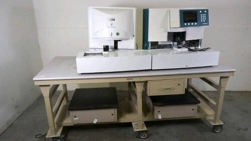 SIEMENS CLINITEK ATLAS URINE ANALYZER WITH SYSMEX UF-1000I ON ROLLING TABLE