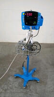 GE DINAMAP V100 CARESCAPE VITAL SIGNS MONITOR ON ROLLING STAND WITH SP02 CABLE AND BP CABLE