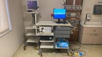 OLYMPUS TK-E1 EVIS PROCEDURES CART W/ EVIS EXERA III CV-180 IMAGING SOURCE, EVIS EXERA III CLV-180 LIGHT SOURCE, MAJ-1430 PIGTAIL, KLS MARTIN BEAMER ESU CE200 ELECTROSURGICAL UNIT W/ FOOTSWITCH, CONMED CETEGP-100 IRRIGATION PUMP, HPZ240 CPU, LENOVO LCD MO