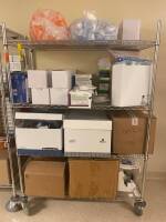 CART AND CONTENTS TO INCLUDE: SPECIMEN CONTAINERS, SHOE COVERS, BACT ALERTS, PROCEDURE MASKS, FACE SHIELDS, OFFICE SUPPLIES