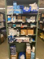 SHELVING UNIT TO INCLUDE: COTTON TIPPED APPLICATORS, TONGUE DEPRESSORS, PILL CRUSHER POUCHES, FLEX-O-BLADES, ULTRASOUND GEL, FLEXISEAL FOOD MANAGEMENT SYSTEM