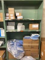 SHELVING UNIT TO INCLUDE: DEROYAL ESOPHAGEAL STETHOSCOPES, ARROW STIMQUIK NERVE BLOCKS, ASSORTED DRAPES AND COVERS