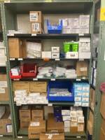 SHELVING UNIT TO INCLUDE: ROCHE ACCU-CHECK LANCING DEVICES, TERUMO WINGED INFUSION SET, BLOOD COLLECTION NEEDLES, TOURNIQUETS, CULTURE TUBES