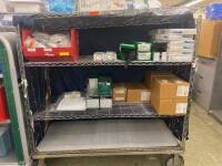 CART AND CONTENTS: POSEY STRAPS, COVIDIEN ARGYLE YANKAUERS, KENDALL GASTRIC LAVAGE KITS, TEMESCO LARYNGOSCOPE BLADES