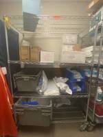 CART AND CONTENTS: MICROTEK BAG DECANTERS, LIGHT HANDLE COVERS, UNDERCAST PADDING, SYRINGES