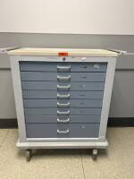 ENT ENDOSCOPY CART (UNI CARTS BY WATERLOO) TO INCLUDE ASSORTED LARYNGOSCOPY, BRONCHOSCOPY, ESOPHAGOSCOPY, PEDIATRIC, F.B. FORCEPS, DILATORS