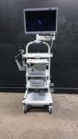 OLYMPUS ENDOSCOPY SYSTEM TO INCLUDE EVIS EXERA CV-180 VIDEO PROCESSOR WITH MAJ-1430 PIGTAIL, CLV-180 LIGHT SOURCE, OEP-4 PRINTER & OEV261H MONITOR ON CART